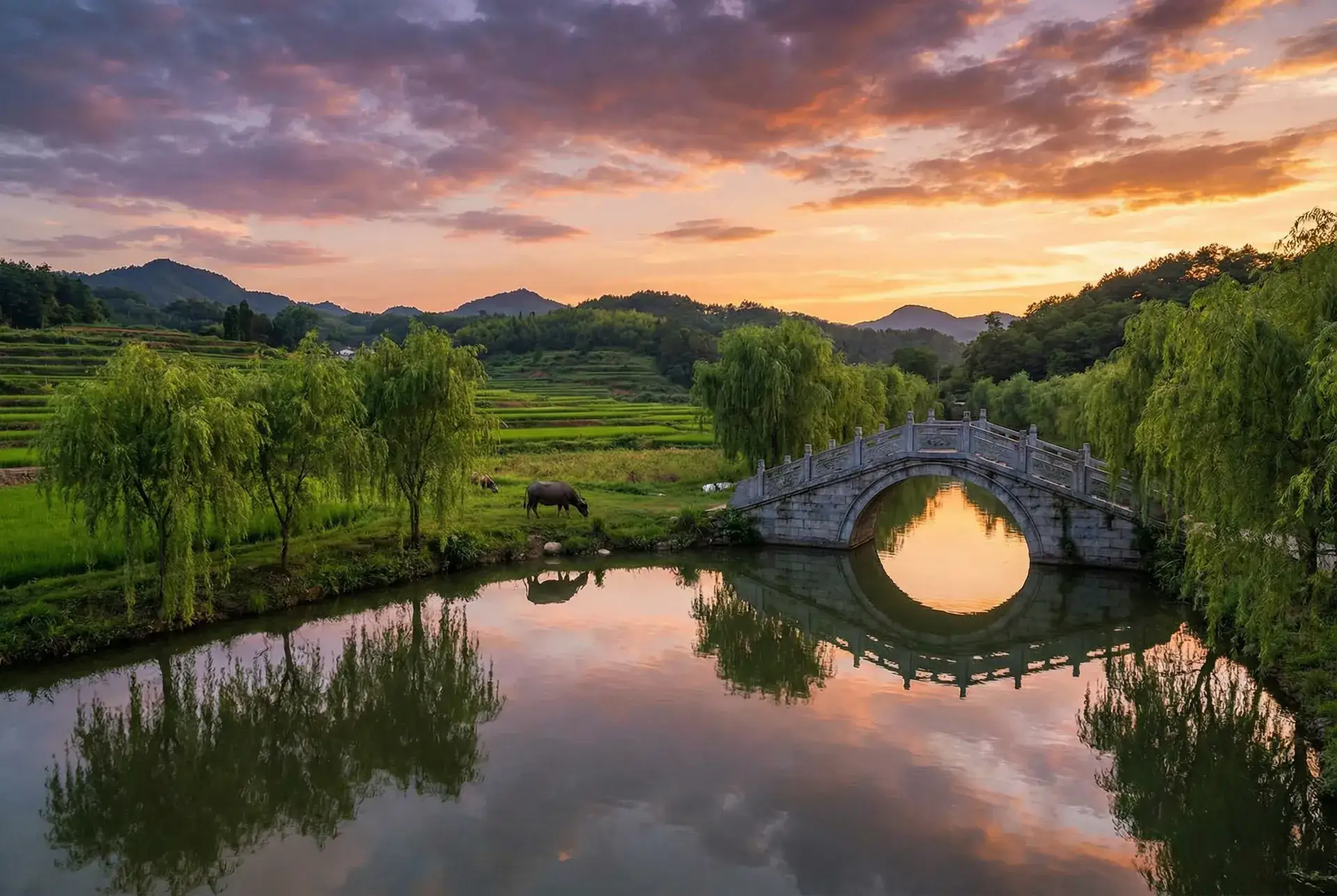夕阳下的石拱桥与垂柳，水牛在河边吃草 - macromastia 乡村美景